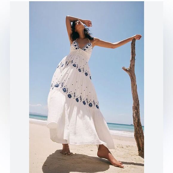 sachin and babi light blue dress Pure Cotton Broderie Midi Tiered Waisted Dress | French Connection main image 0